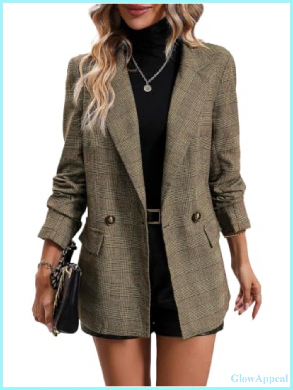 Women's Plaid Blazer Houndstooth Double Breasted Business Casual Jacket